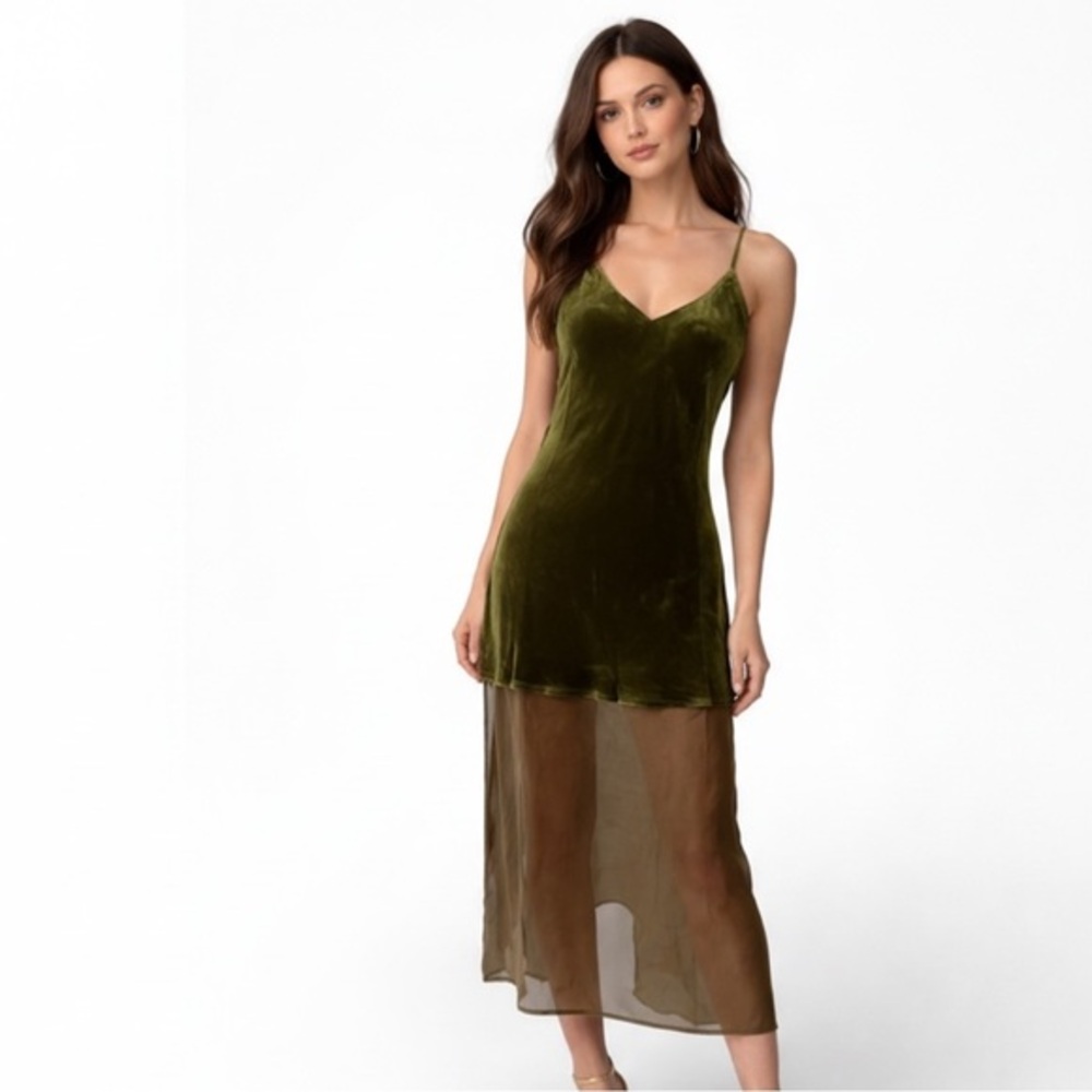 Gold Hawk Olive Green Velvet Slip Dress with Sheer Hem